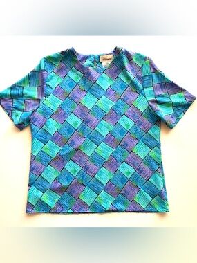 Vintage Colorful Wild Print Blouse Blue Teal Purple Geometric Top Oversized Med